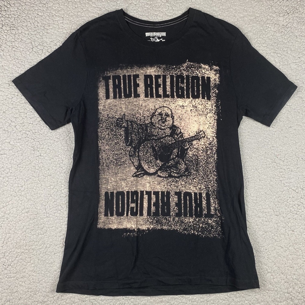 True Religion Men's Buddha T-Shirt All Over Big Graphic Pushprint Crew Neck Tee